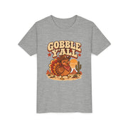 Gobble Y'all western turkey design on an athletic heather grey kids shirt