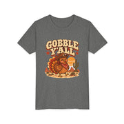 Gobble Y'all western turkey design on a deep heather grey kids shirt