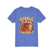 Gobble Y'all western turkey design on a heather columbia blue kids shirt