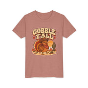 Gobble Y'all western turkey design on a heather mauve kids shirt