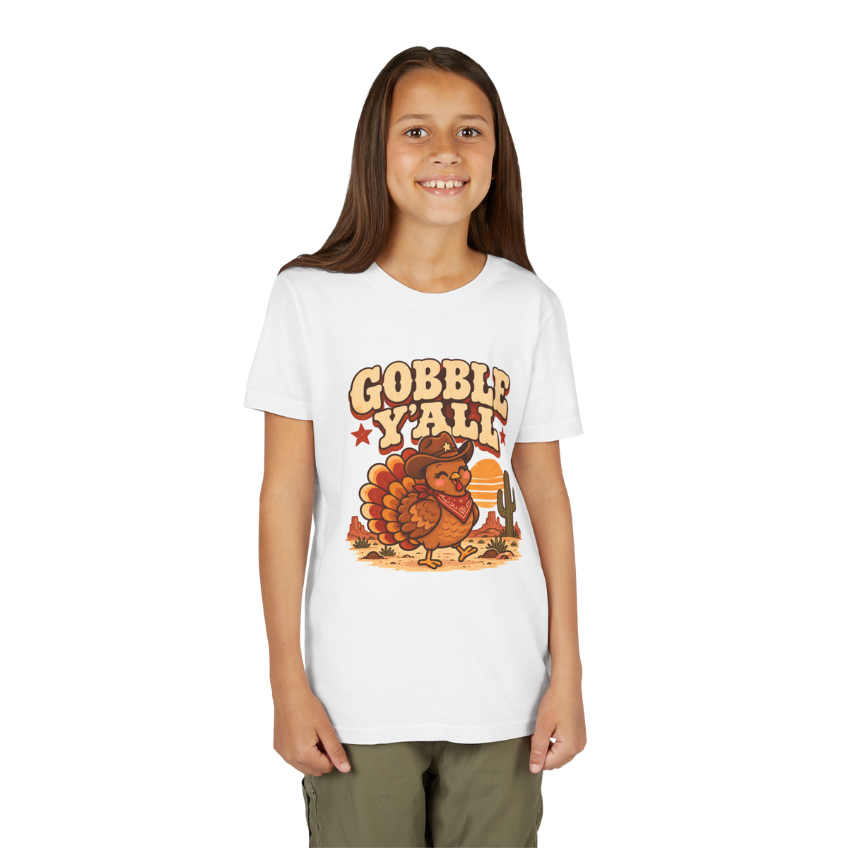 Child wearing the Gobble Y'all turkey shirt