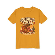Gobble Y'all western turkey design on a mustard yellow kids shirt