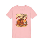 Gobble Y'all western turkey design on a pink kids shirt