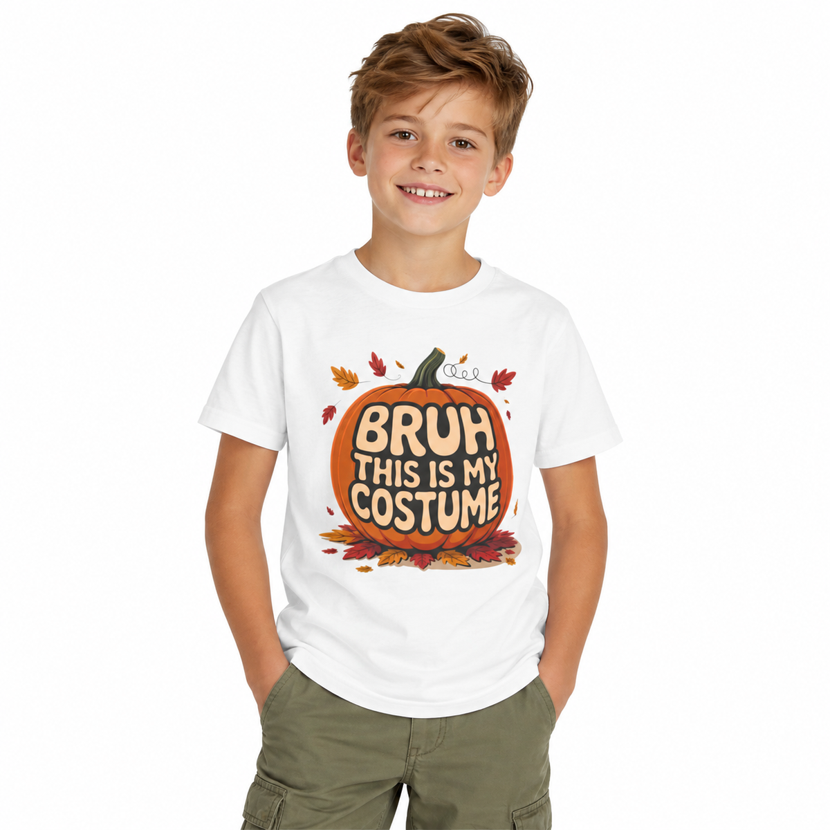 Child wearing the Kids Halloween Shirt - Bruh This Is My Costume in a lifestyle photo