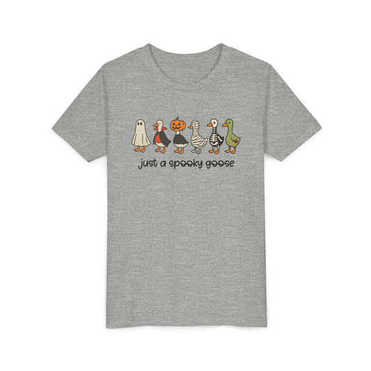 Spooky goose halloween print on an Athletic Heather kids shirt