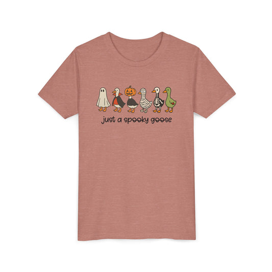 Spooky goose halloween print on a Heather Mauve kids shirt