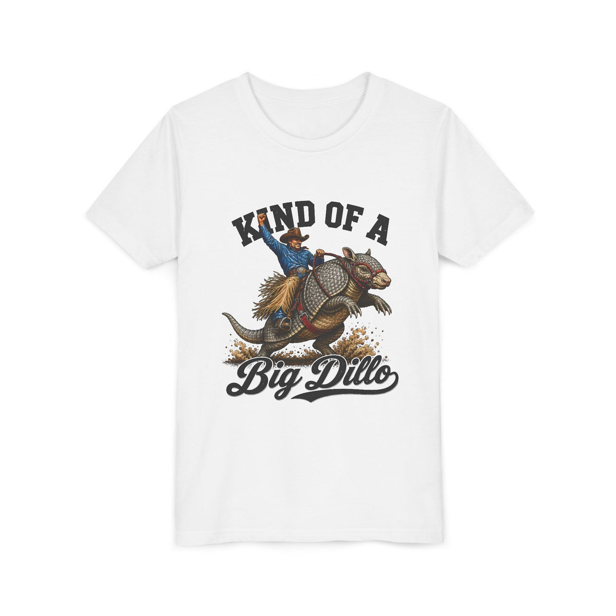 Kind of a Big Dillo vintage western armadillo print on a White kids shirt