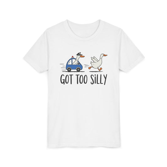 Goose running from a police car with the line Got Too Silly, printed on a white kids shirt