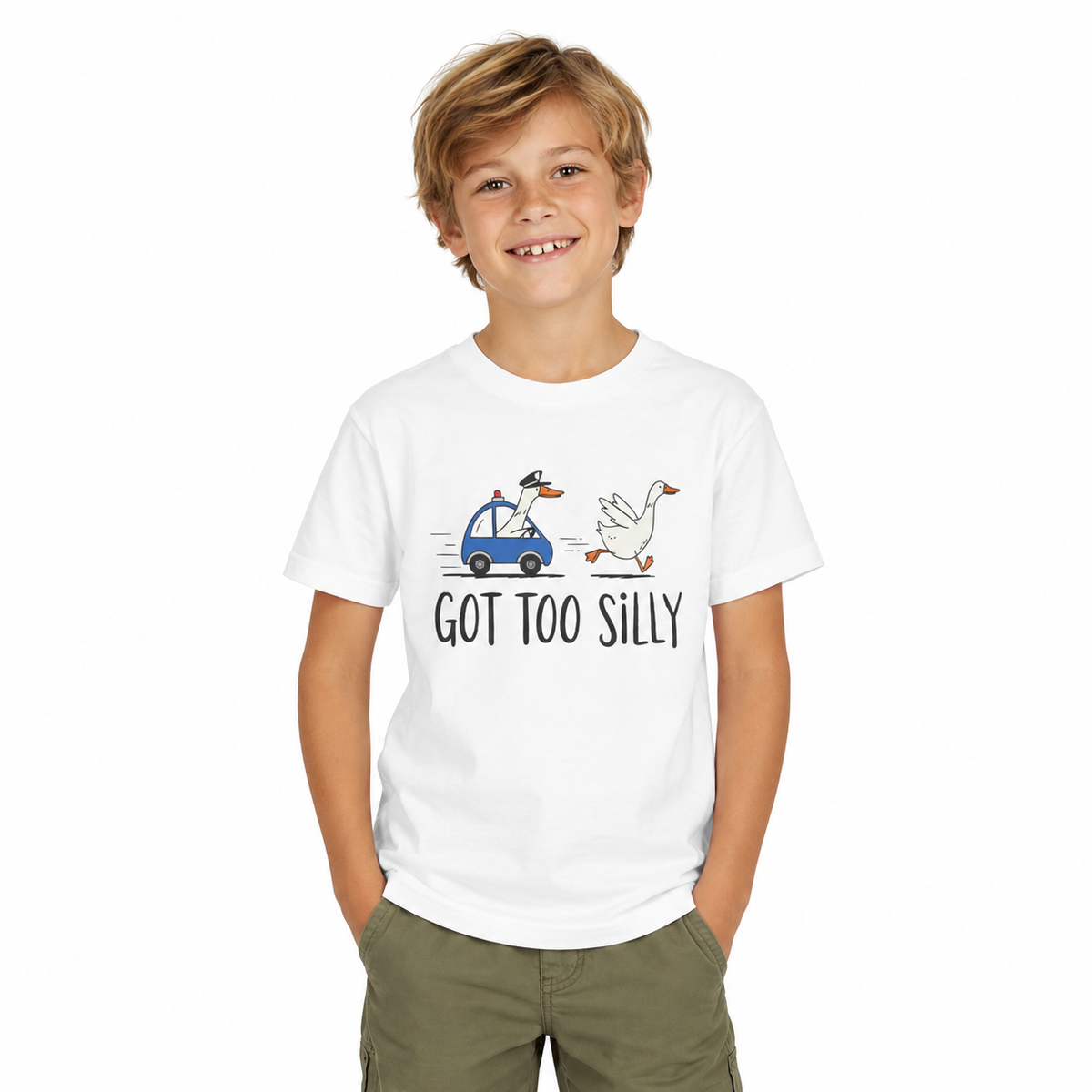 Goose running from a police car with the line Got Too Silly, printed on a kids shirt