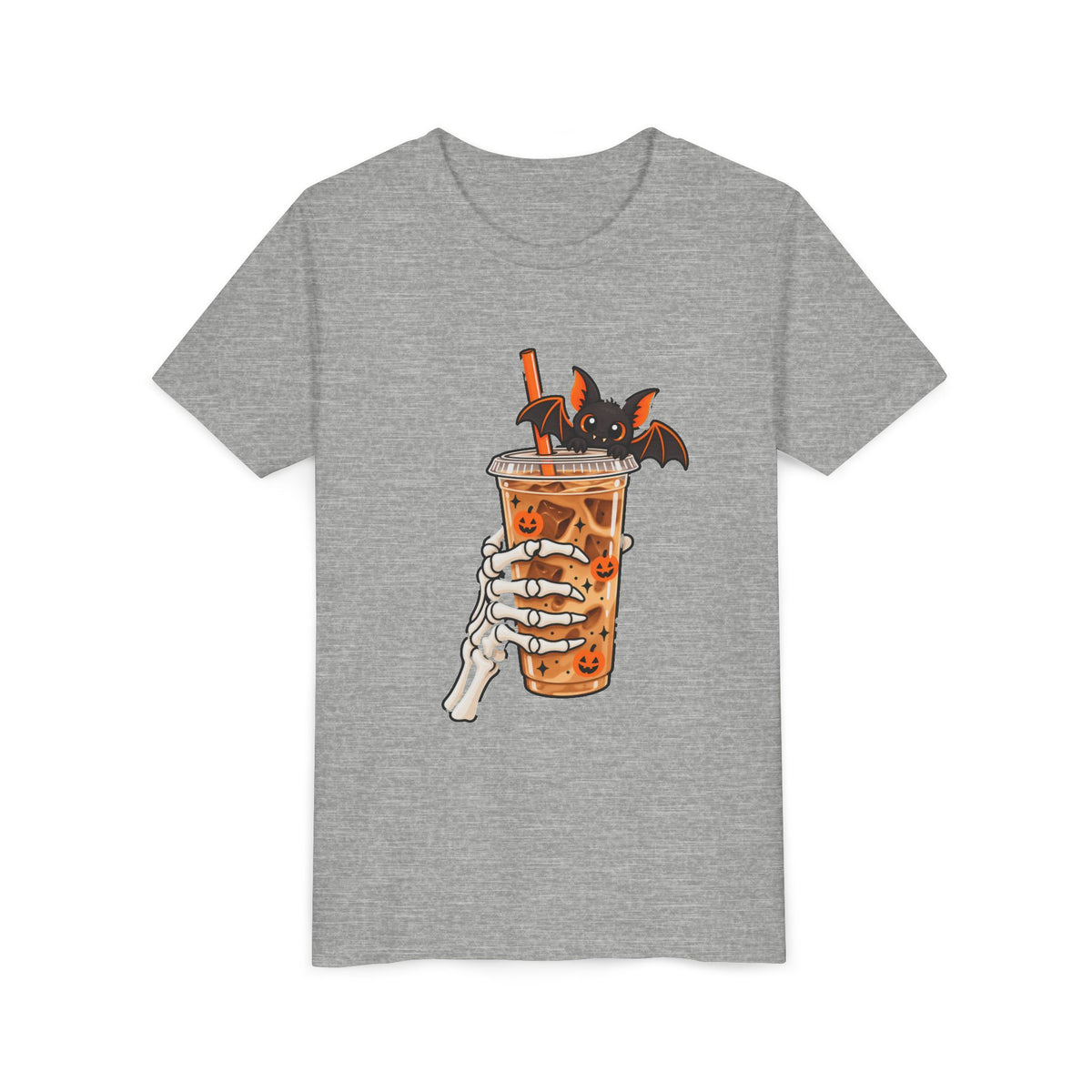 Skeleton Coffee Halloween design on an athletic heather grey kids shirt