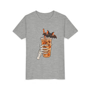 Skeleton Coffee Halloween design on an athletic heather grey kids shirt