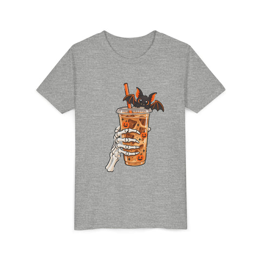 Skeleton Coffee Halloween design on an athletic heather grey kids shirt