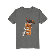 Skeleton Coffee Halloween design on a deep heather grey kids shirt