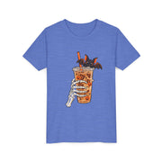 Skeleton Coffee Halloween design on a heather columbia blue kids shirt