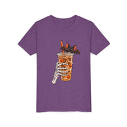 Skeleton Coffee Halloween design on a heather team purple kids shirt