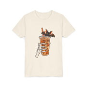 Skeleton Coffee Halloween design on a natural kids shirt