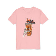 Skeleton Coffee Halloween design on a pink kids shirt
