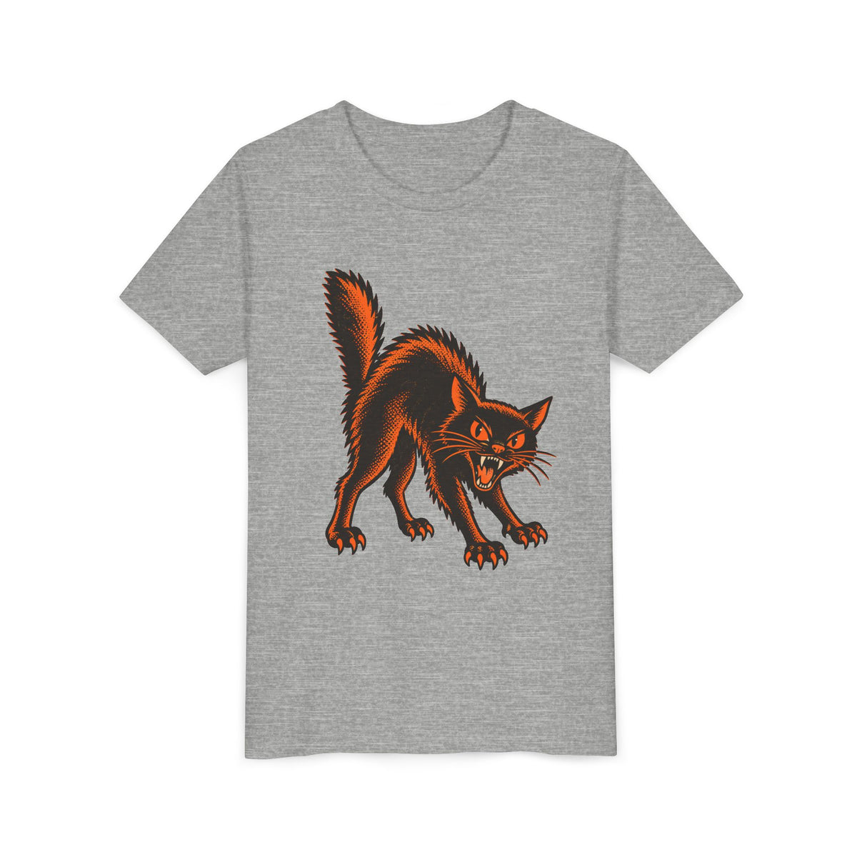 Vintage Black Cat Halloween design on an athletic heather grey kids shirt