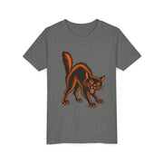 Vintage Black Cat Halloween design on a deep heather grey kids shirt