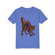 Vintage Black Cat Halloween design on a heather columbia blue kids shirt