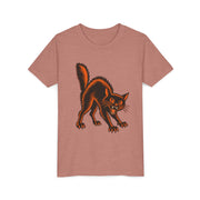 Vintage Black Cat Halloween design on a heather mauve kids shirt