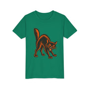 Vintage Black Cat Halloween design on a kelly green kids shirt