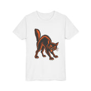 Vintage Black Cat Halloween design on a white kids shirt
