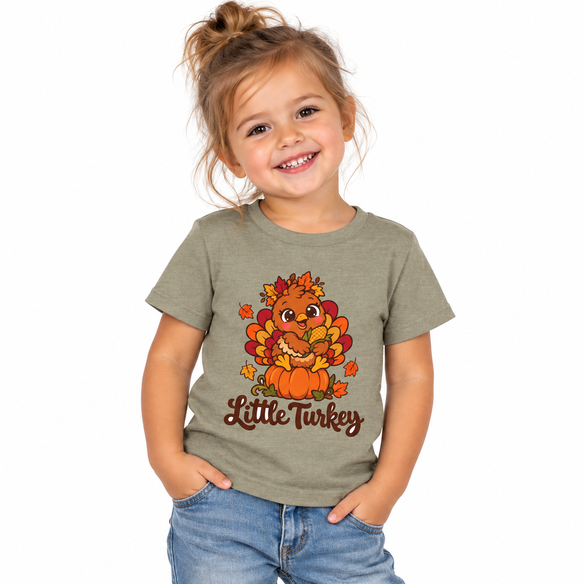 Toddler wearing the Little Turkey matching Thanksgiving shirt