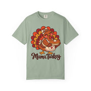 Mama Turkey matching Thanksgiving design on a bay green women's shirt