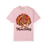 Mama Turkey matching Thanksgiving design on a blossom pink women's shirt