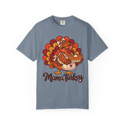 Mama Turkey matching Thanksgiving design on a blue jean women's shirt