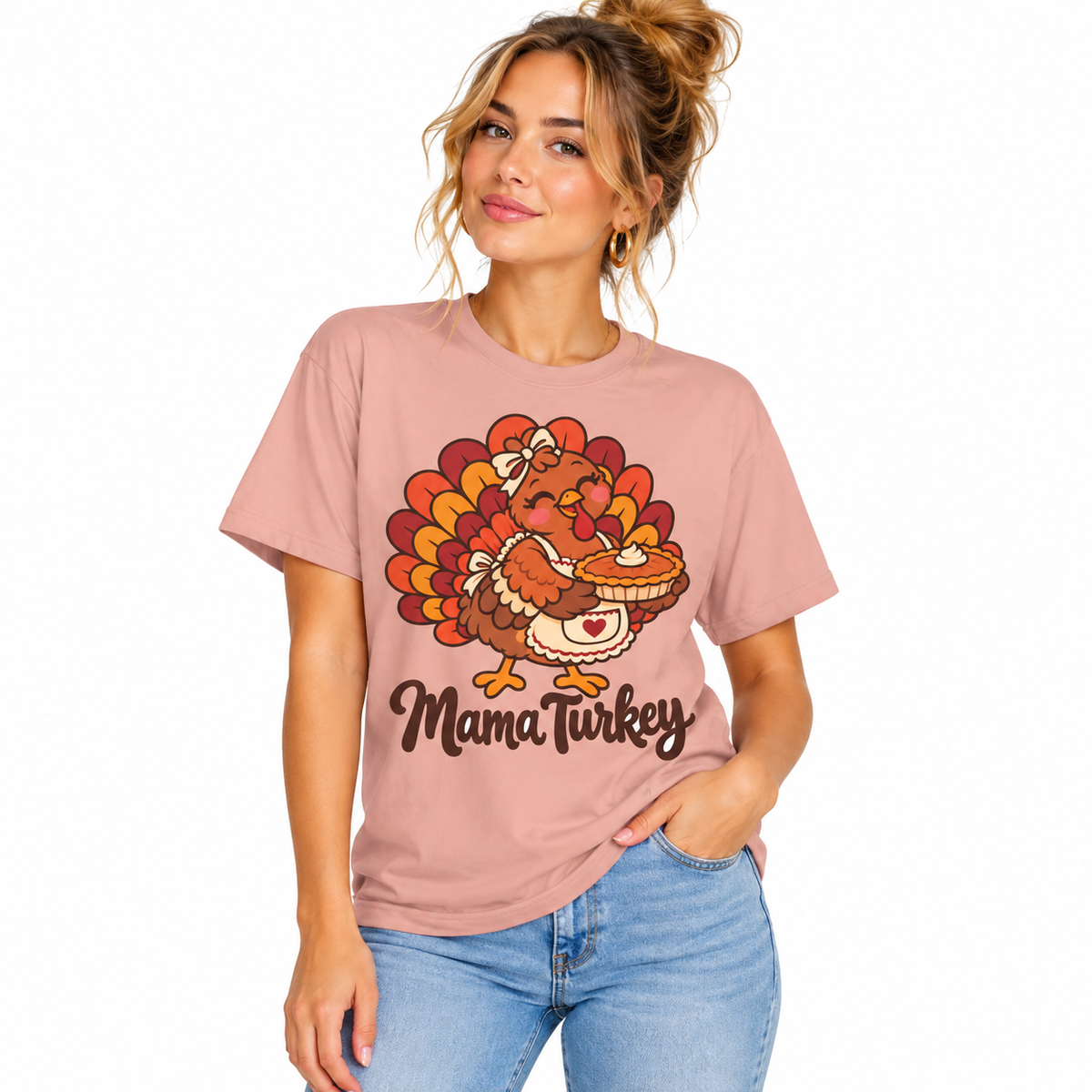 Woman wearing the Mama Turkey matching Thanksgiving shirt