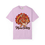 Mama Turkey matching Thanksgiving design on an orchid purple women's shirt