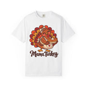 Mama Turkey matching Thanksgiving design on a white women's shirt