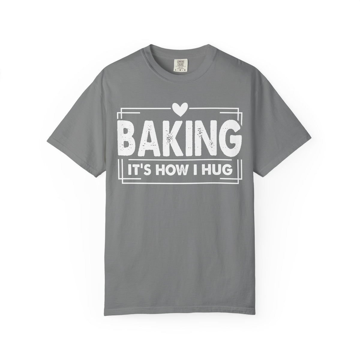 Baking It's How I Hug chest print on a grey men's shirt