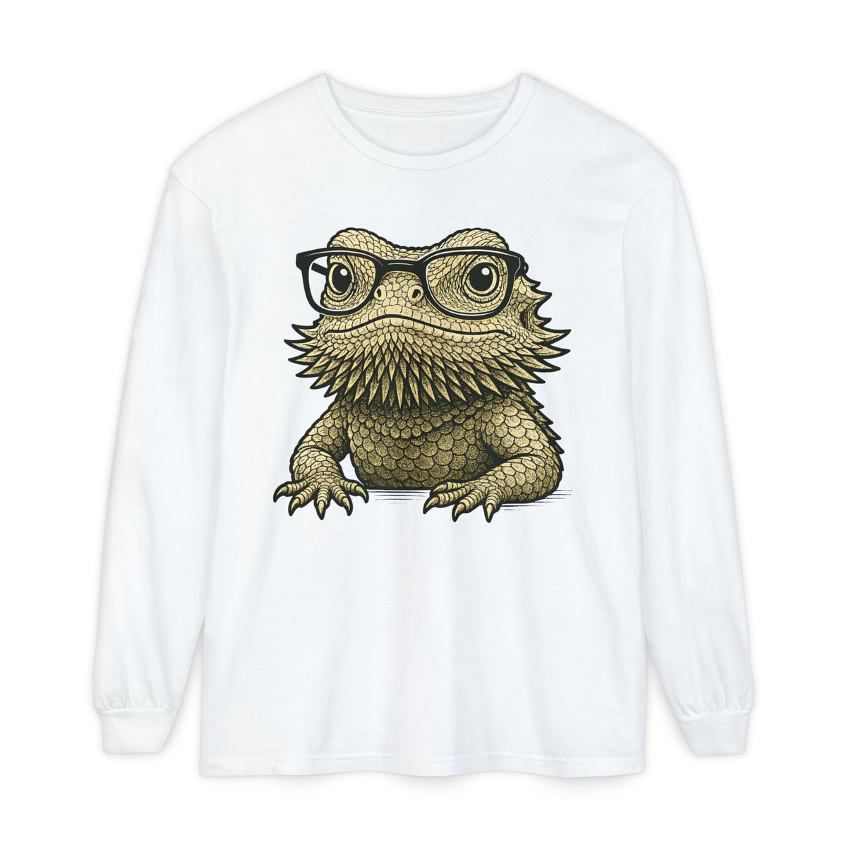 Bearded dragon in glasses, printed on a white men's long sleeve shirt