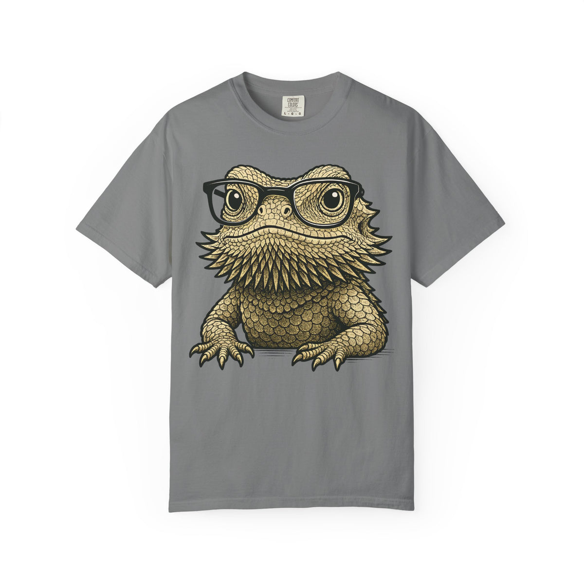 Bearded dragon in glasses, printed on a grey men's shirt