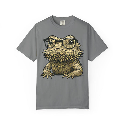 Bearded dragon in glasses, printed on a grey men's shirt