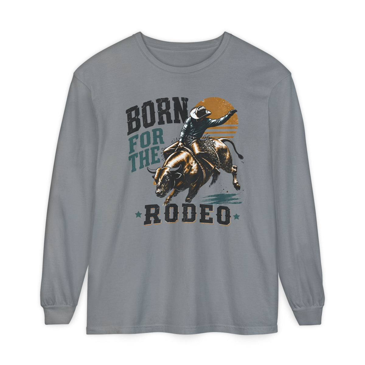 Born for the Rodeo vintage bull rider print on a Grey men's long sleeve shirt