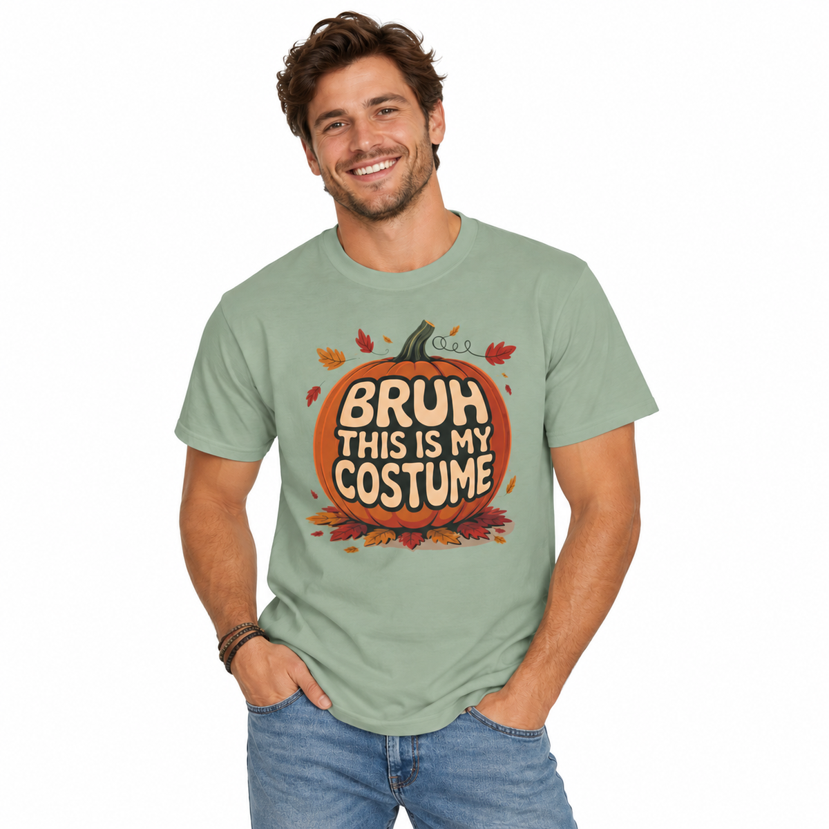 Men's Bruh This Is My Costume Halloween Shirt styled in a lifestyle photo