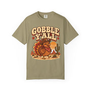 Gobble Y'all western turkey design on a khaki men's shirt