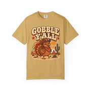 Gobble Y'all western turkey design on a mustard yellow men's shirt