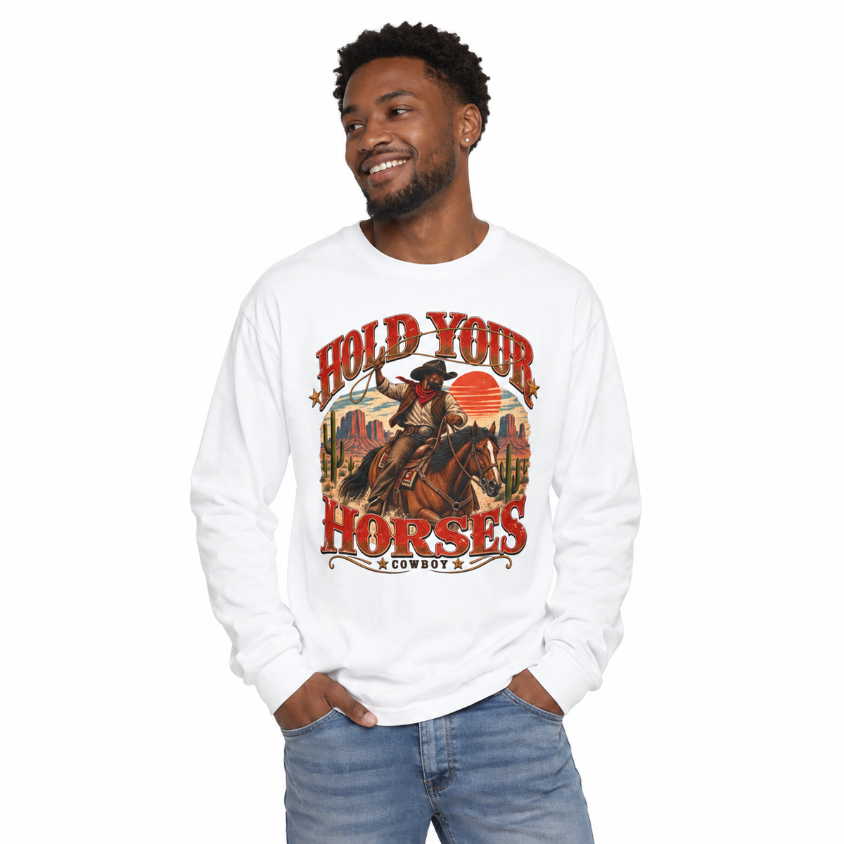 Men's Hold Your Horses Cowboy Long Sleeve Shirt styled in a lifestyle photo