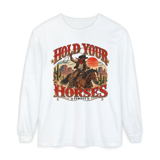 Hold Your Horses Cowboy vintage western print on a White men's long sleeve shirt