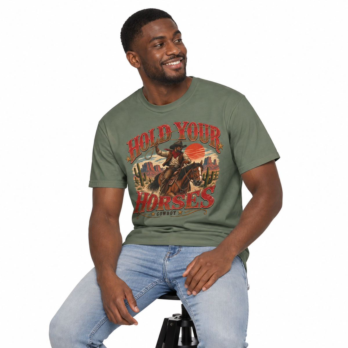 Men's Hold Your Horses Cowboy Shirt styled in a lifestyle photo