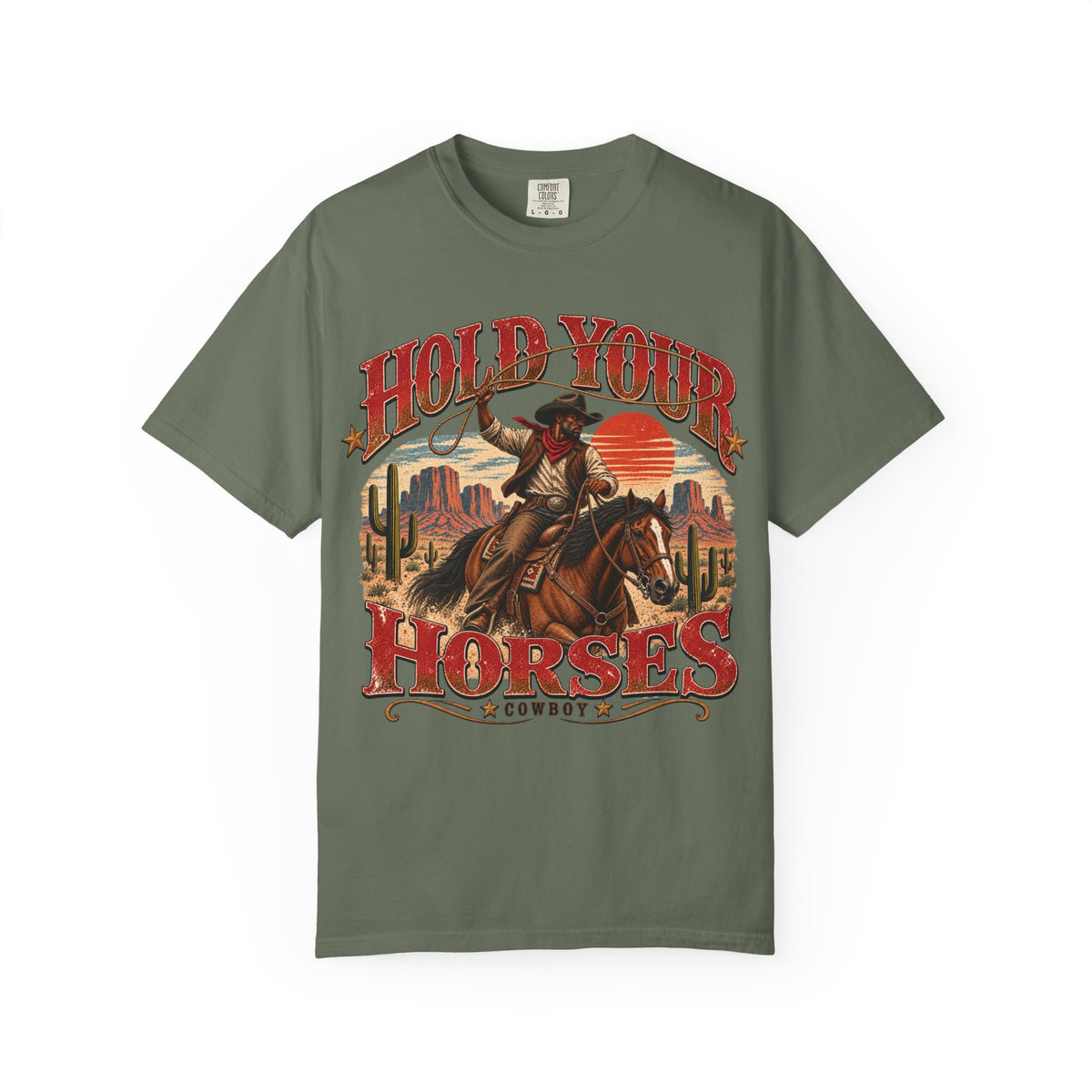 Hold Your Horses Cowboy vintage western print on a Moss men's shirt
