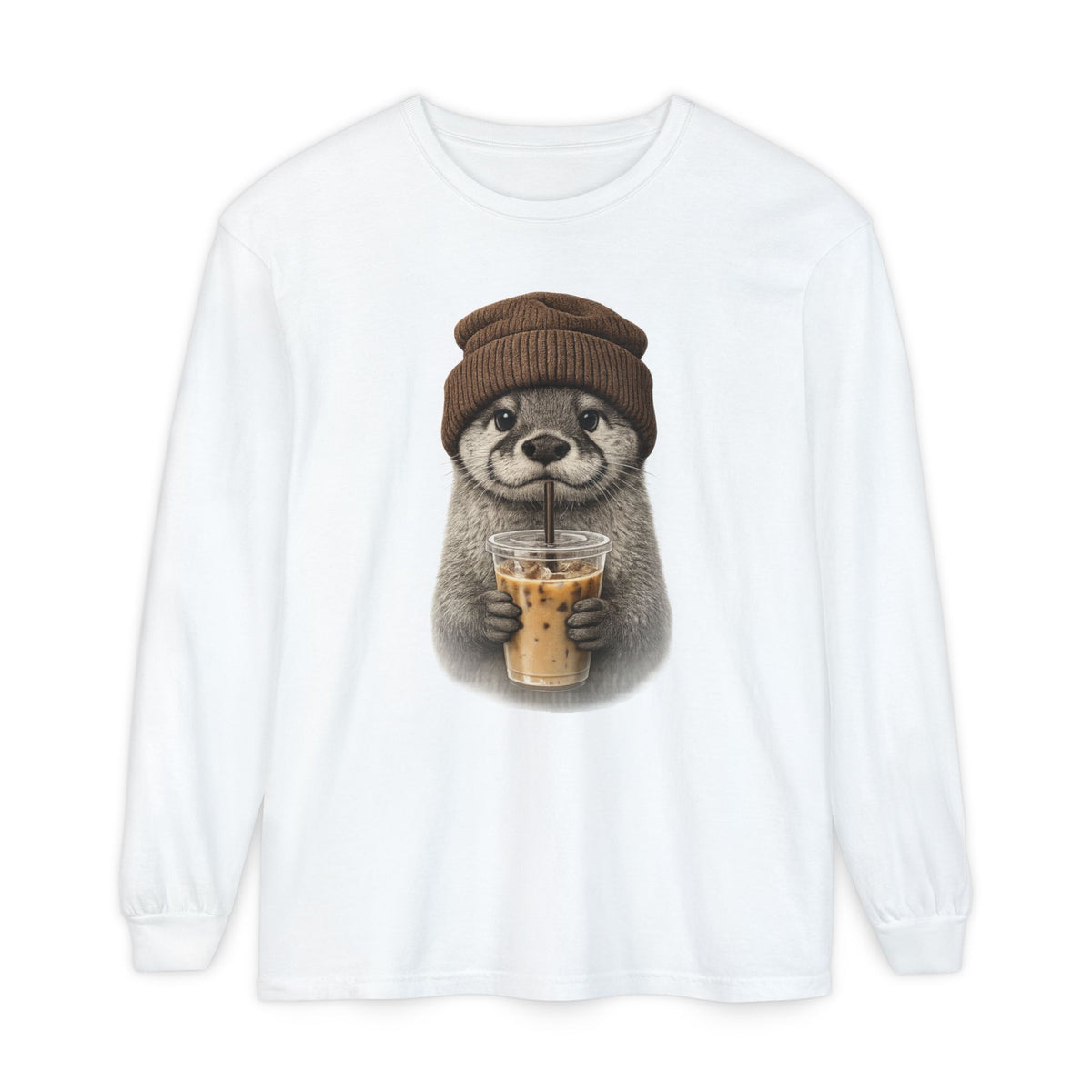 Hand-drawn otter holding an iced coffee, printed on a white men's long sleeve shirt