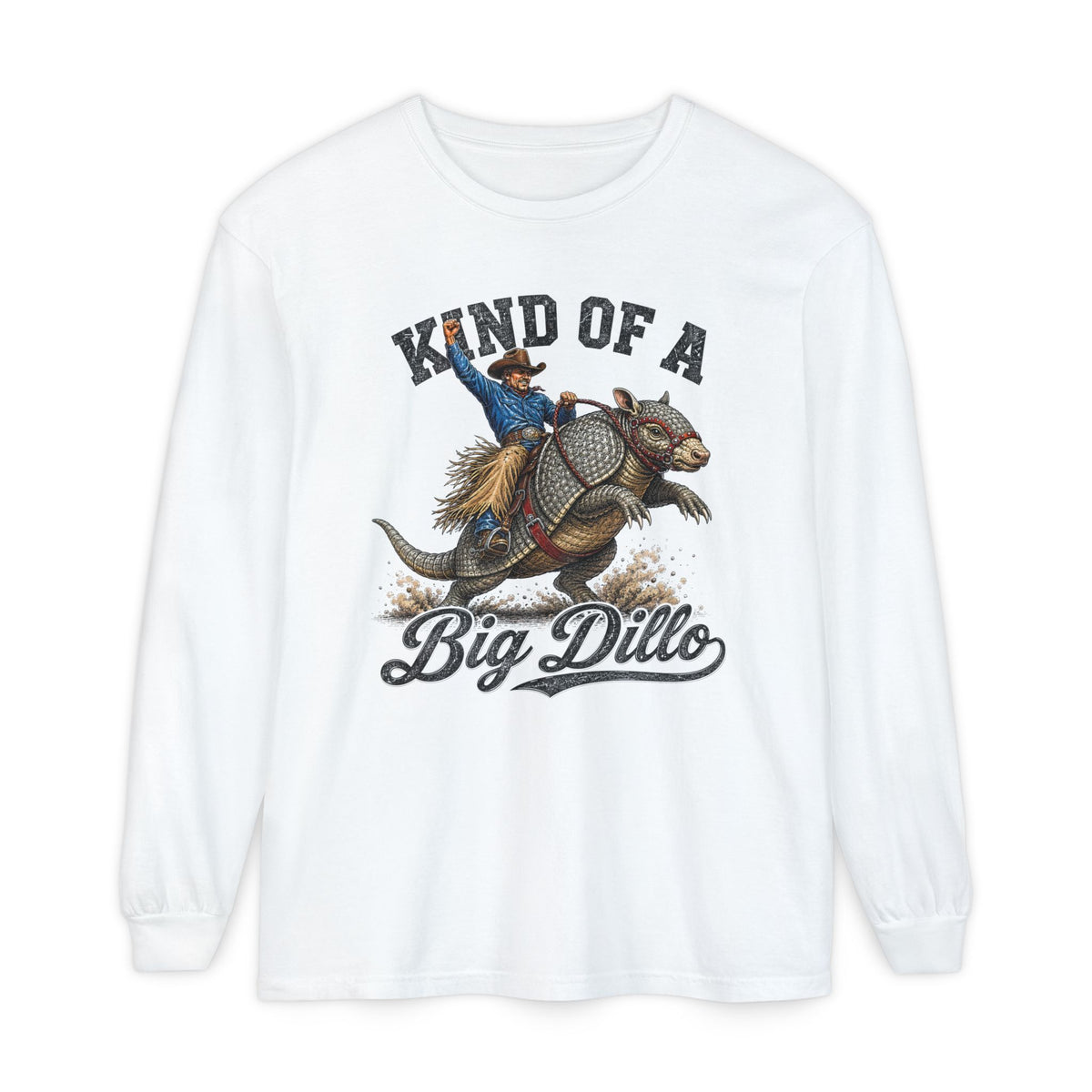 Kind of a Big Dillo vintage western armadillo print on a White men's long sleeve shirt