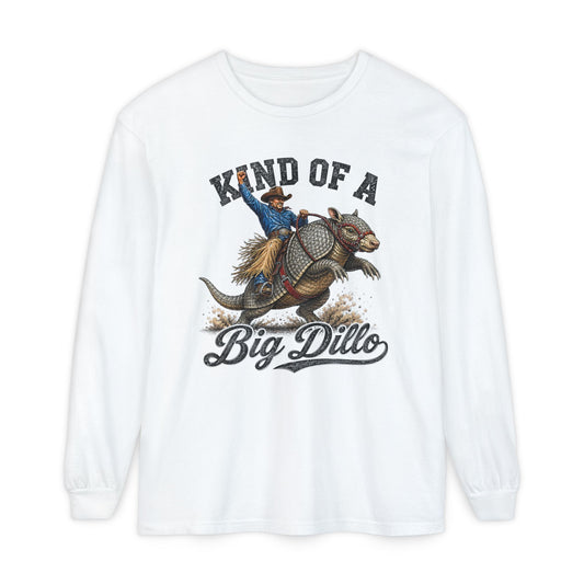 Kind of a Big Dillo vintage western armadillo print on a White men's long sleeve shirt