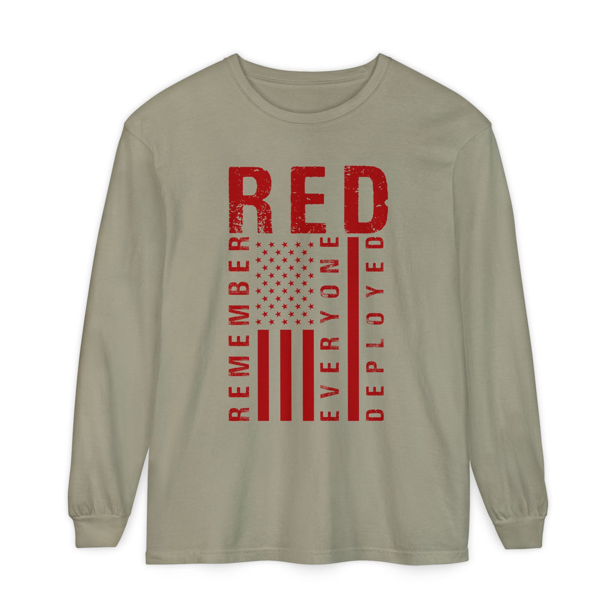 RED Remember Everyone Deployed chest print on a sandstone men's long sleeve shirt